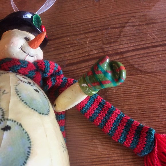 Snowman Ornament Shelf Sitter Paper Mache Striped Scarf Mittens Elf Shoes - Picture 6 of 7